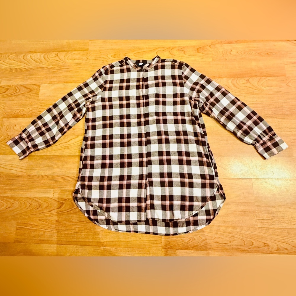 Lands' End Women's Brown and Pink Flannel Tunic Long Sleeve Plaid Top Size L - Picture 2 of 7